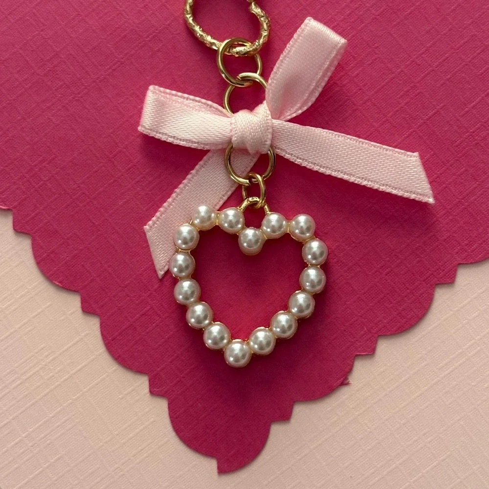 Pearl Heart and Pink‎ Bow Purse Charm Keychain Handbag Accessory